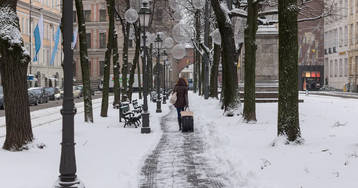 Una viajera se aleja por un paseo nevado de Múnich arrastrando una maleta, entre árboles y farolas.